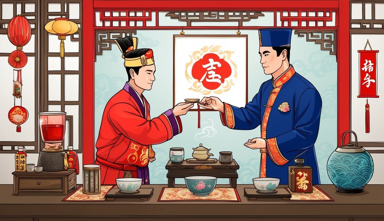 A groom in traditional attire performs a tea ceremony, surrounded by symbolic items and decor from his culture