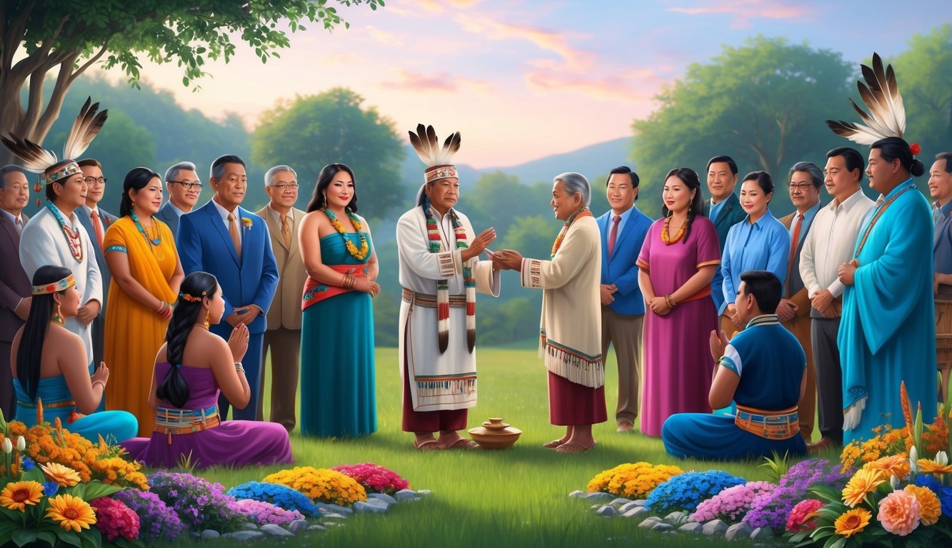 A diverse group of people gather in a serene outdoor setting, surrounded by colorful flowers and traditional cultural symbols.</p><p>A native elder stands at the center, performing a traditional blessing as the couple looks on