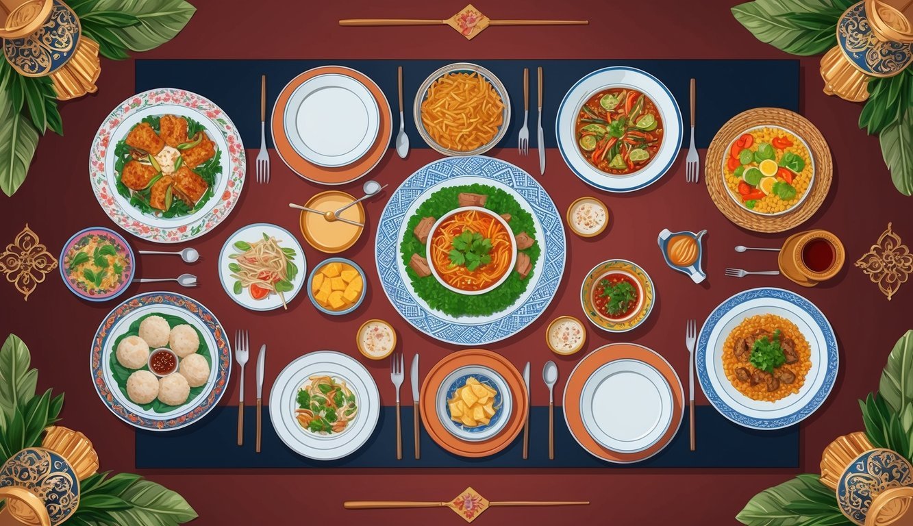 A table set with a mix of traditional Asian and Western dishes, surrounded by decorative elements from both cultures