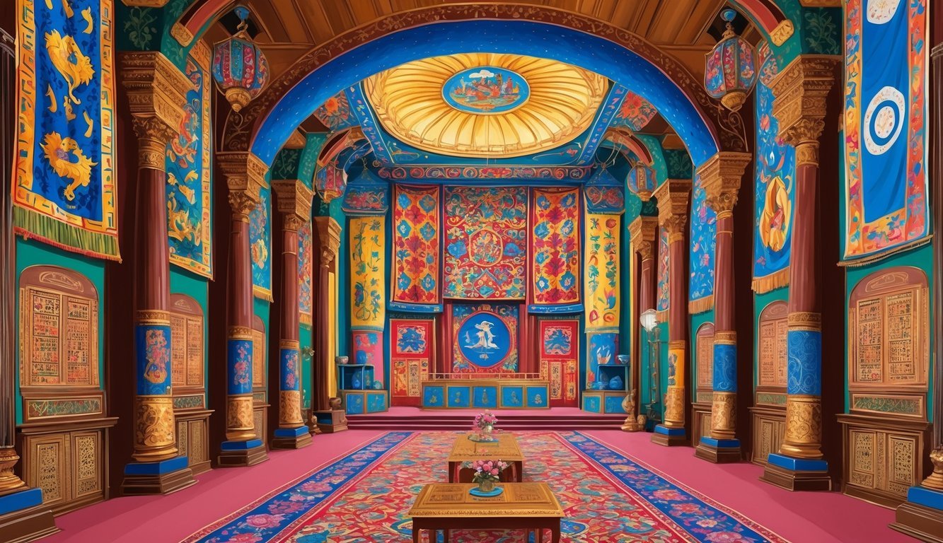 A grand hall adorned with vibrant tapestries and ornate decorations from both cultures, featuring traditional symbols and motifs