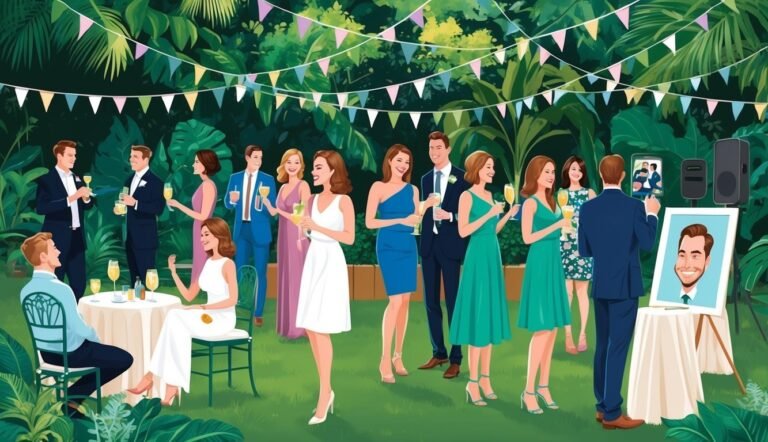 Outdoor party with guests, drinks, and a caricature portrait