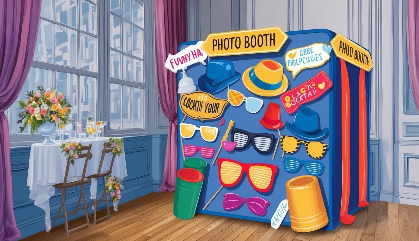 A photo booth filled with props, such as funny hats, glasses, and signs, set up in a corner of the wedding cocktail hour