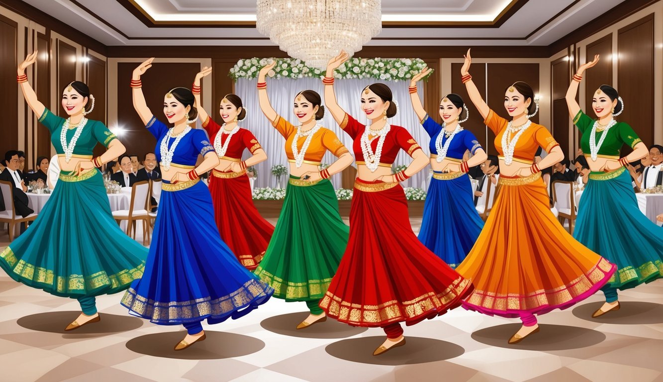 A group of dancers in traditional attire perform a lively cultural dance at the wedding reception