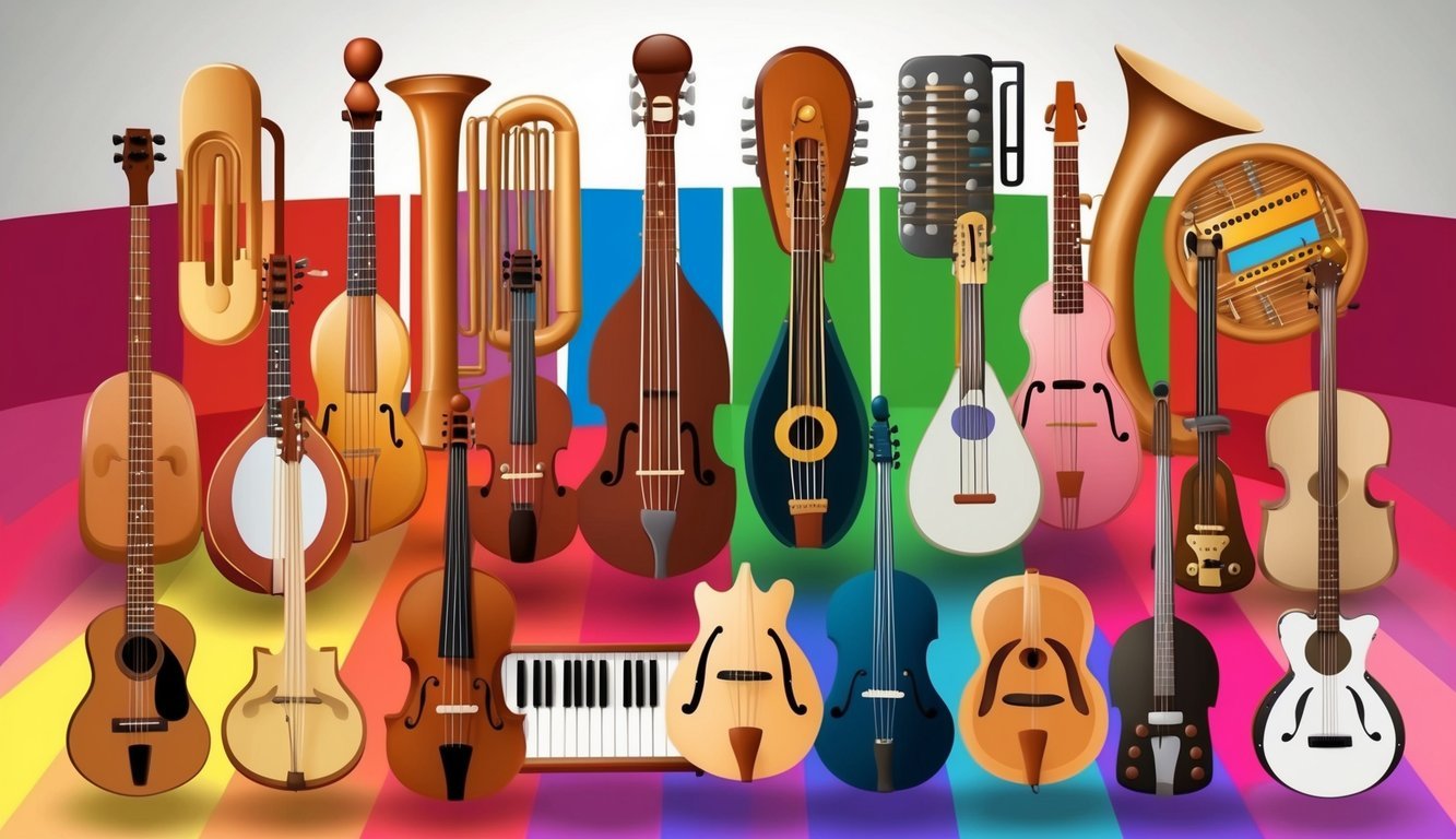 A group of diverse musical instruments arranged on a colorful stage, representing different cultural backgrounds and musical styles