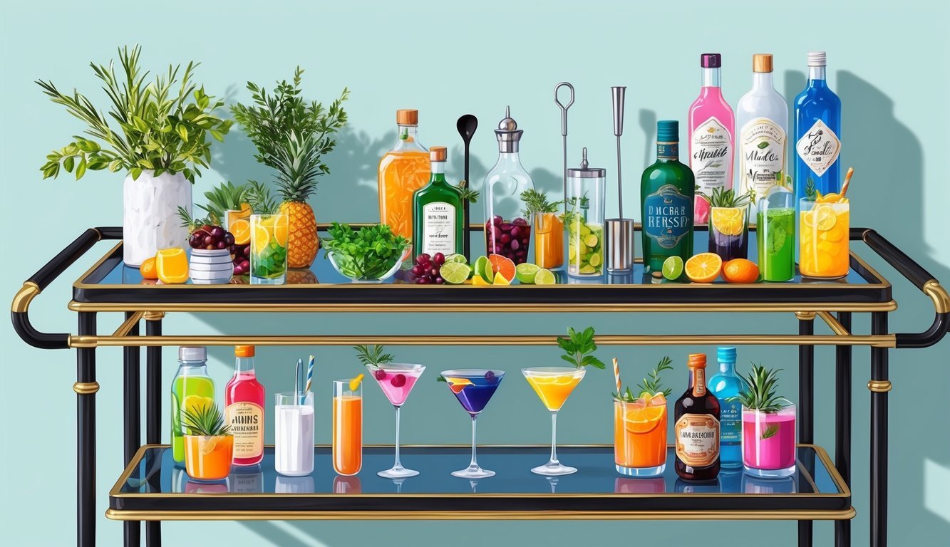 A colorful array of cocktail ingredients and tools arranged on a stylish bar cart, with fresh fruits, herbs, and unique mixers for wedding guests to create their own custom drinks