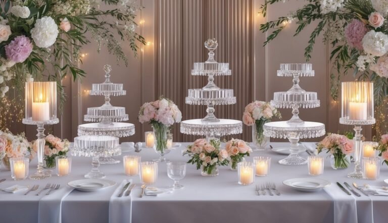 Elegant table setting with crystal cake stands, candles, and floral arrangements