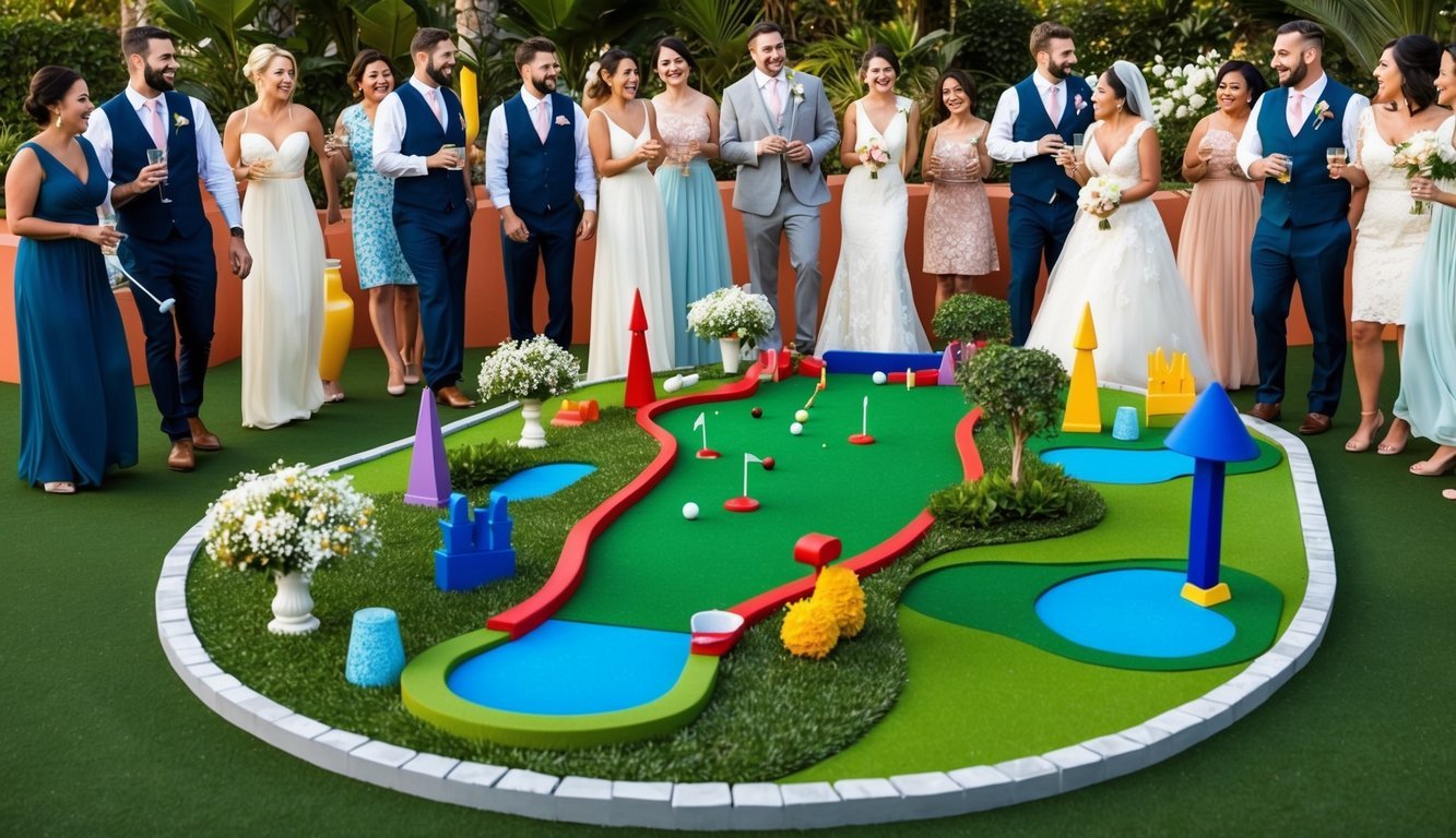 A whimsical mini golf course with colorful obstacles and decorative landscaping, surrounded by happy wedding guests enjoying the entertaining activity during cocktail hour