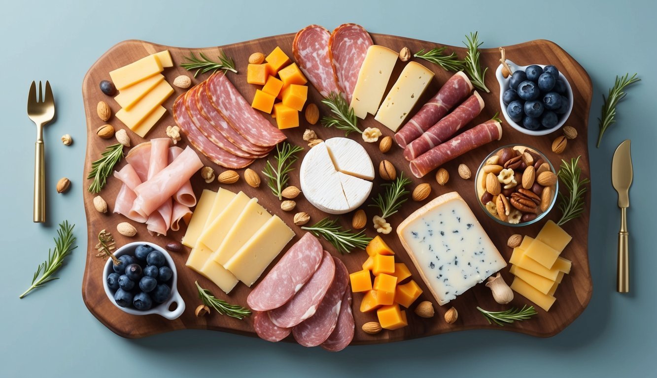 A colorful array of assorted meats, cheeses, fruits, and nuts arranged on a wooden board, surrounded by decorative garnishes and accompanied by small serving utensils