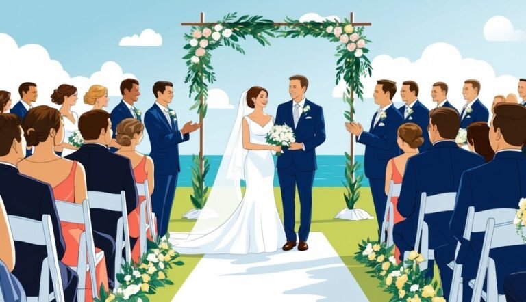 Wedding ceremony with bride and groom under floral arch, guests watching