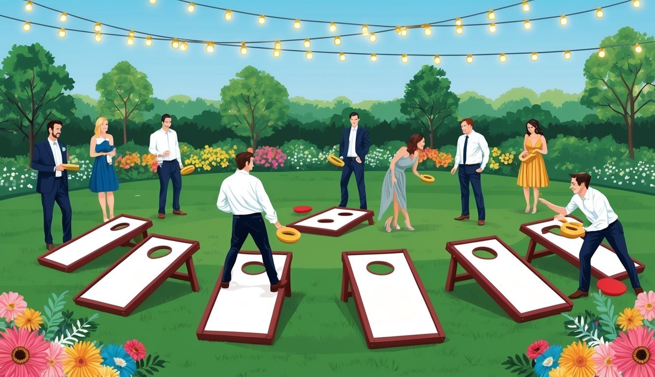 A group of guests play cornhole on a grassy lawn, surrounded by colorful flowers and twinkling string lights