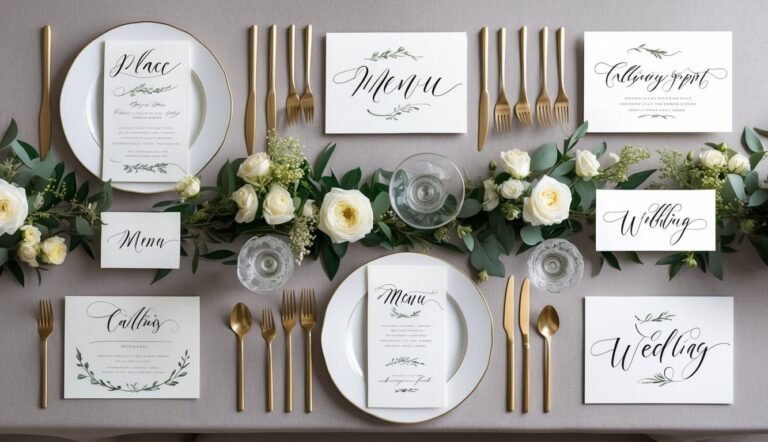 Wedding table setting with floral garland, gold cutlery, and calligraphy cards