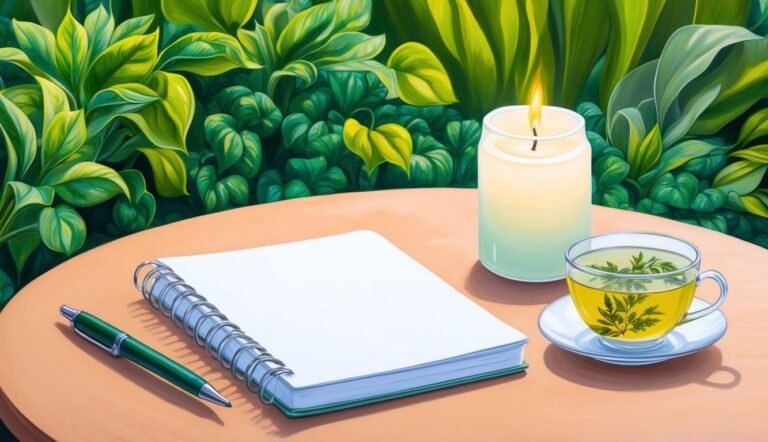 Notebook, pen, candle, and tea cup on a table surrounded by greenery
