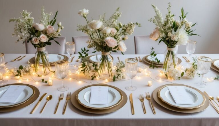 Elegant table setting with floral centerpieces, gold accents, and string lights