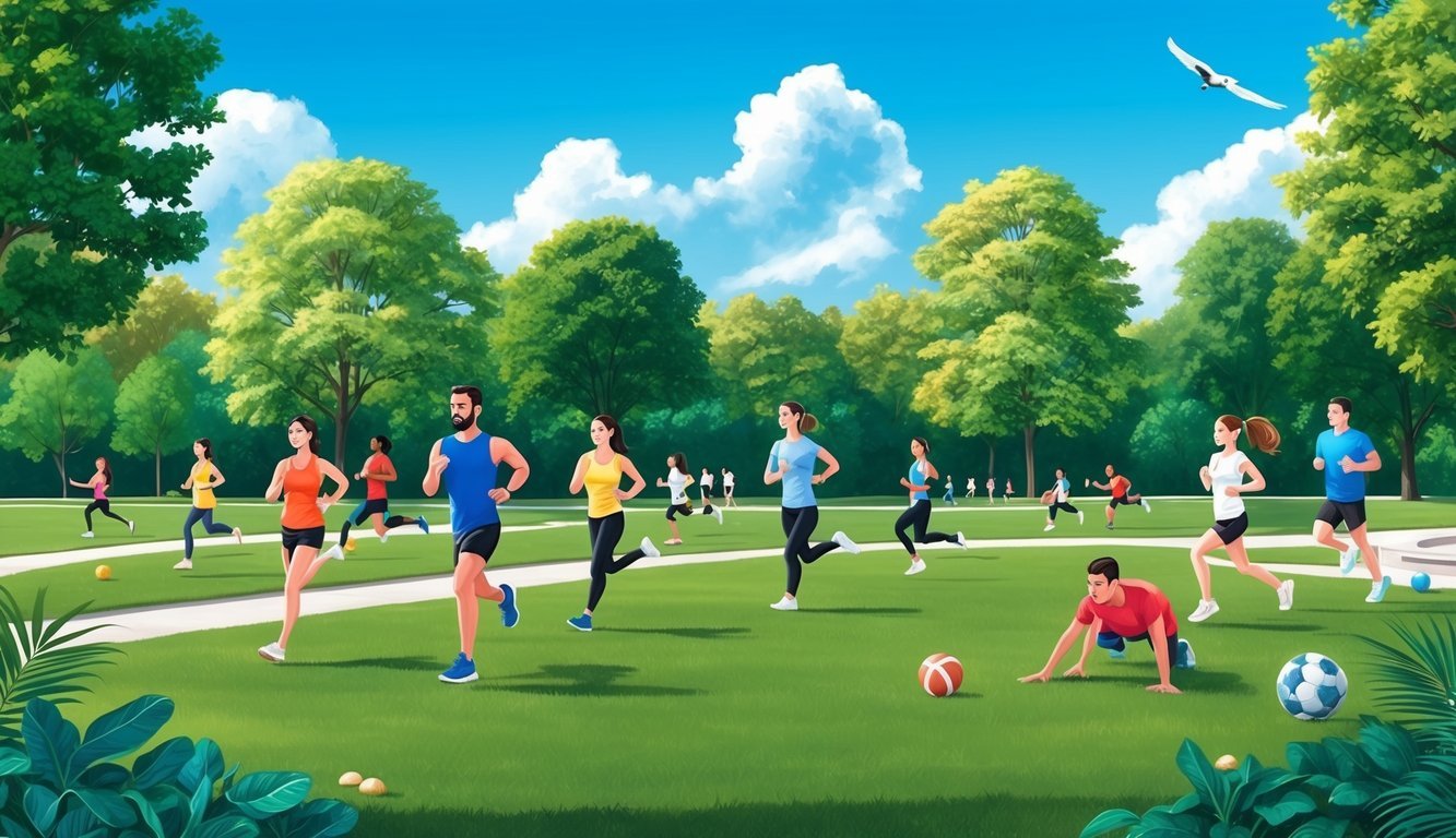 A serene park with people jogging, doing yoga, and playing sports amidst lush greenery and a bright blue sky