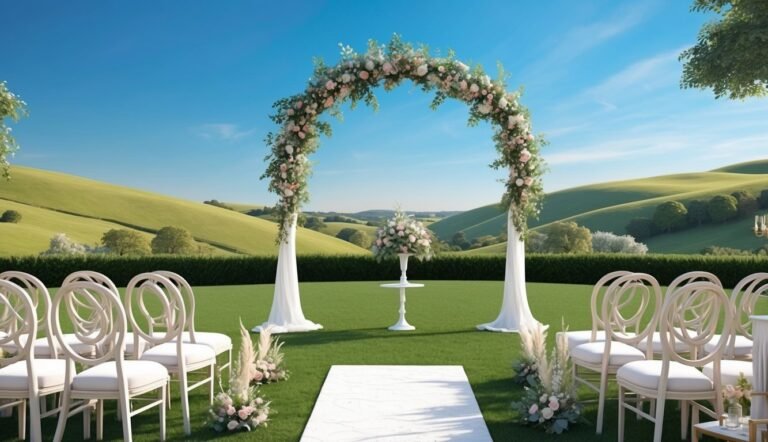 Outdoor wedding ceremony setup with floral arch, chairs, and green hills