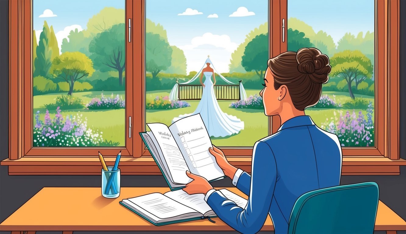 A person sitting at a desk with a wedding planning book open, taking a deep breath and looking out the window at a serene garden