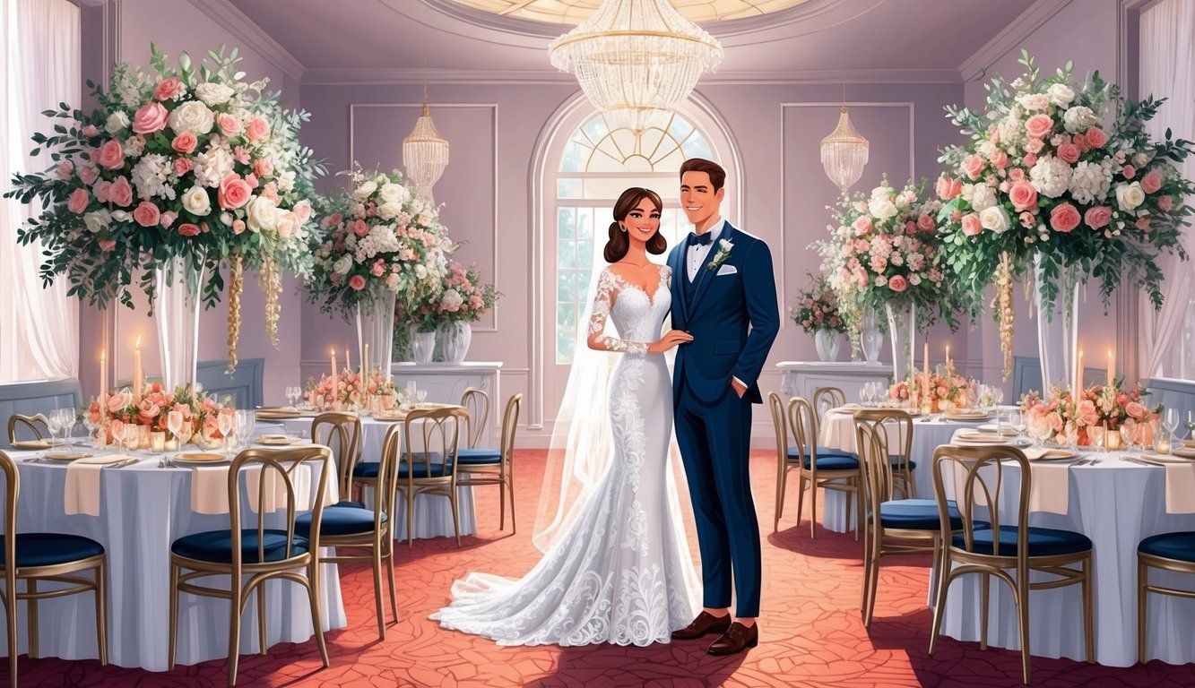 A bride and groom standing in a beautifully decorated wedding venue with elegant floral arrangements, romantic lighting, and stylish table settings