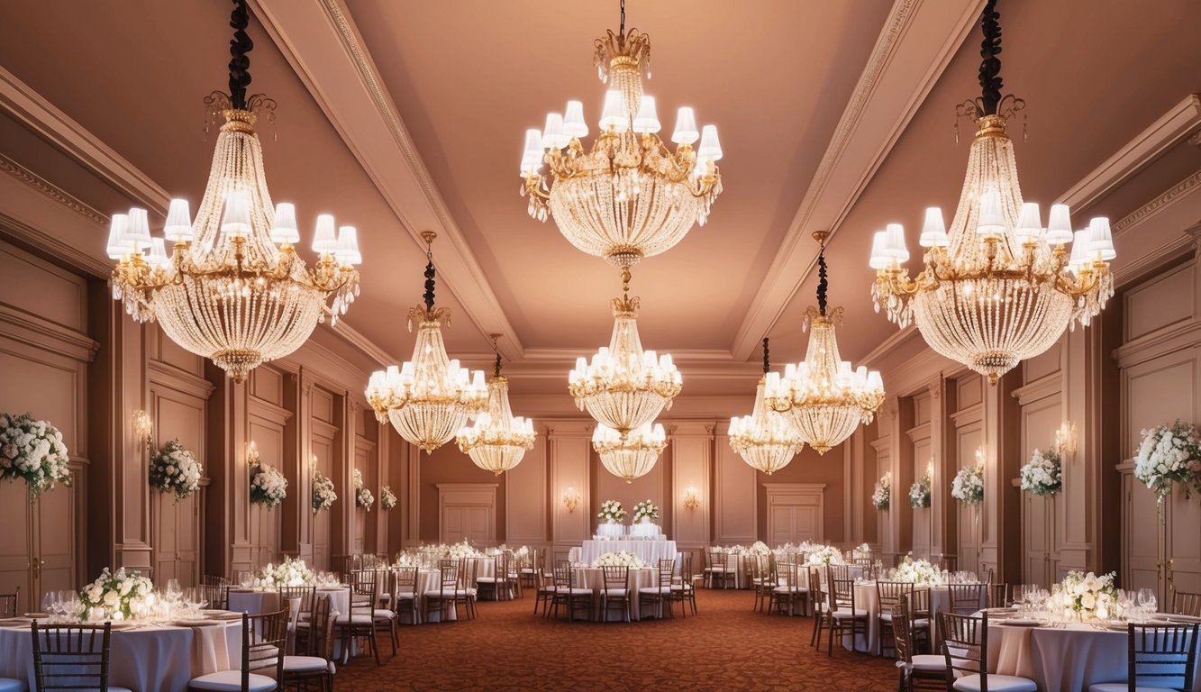 A grand ballroom with ornate vintage chandeliers hanging from the ceiling, casting a warm and romantic glow over the elegant wedding venue decor