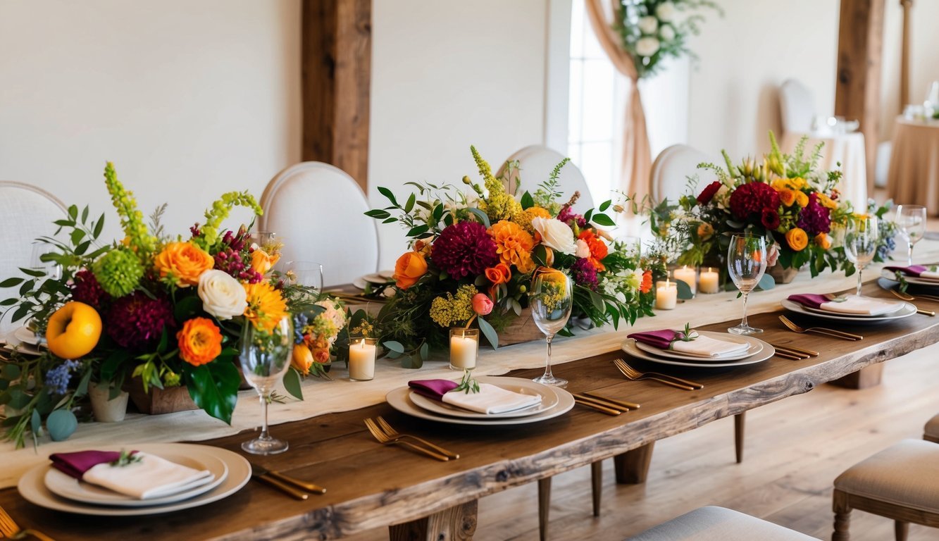 A rustic wooden table adorned with vibrant seasonal flower arrangements, complemented by elegant wedding venue decor