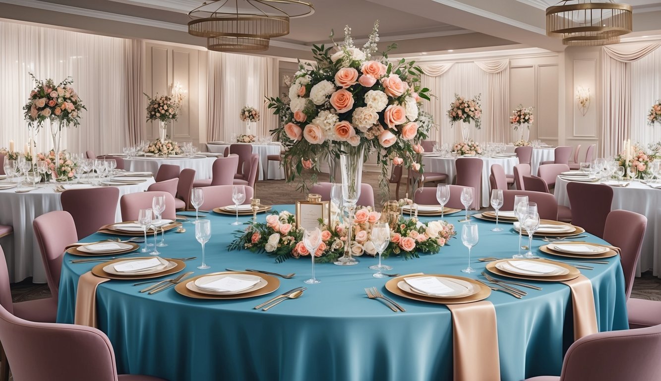 A beautifully set table with various elegant table runners and decor, surrounded by wedding venue options