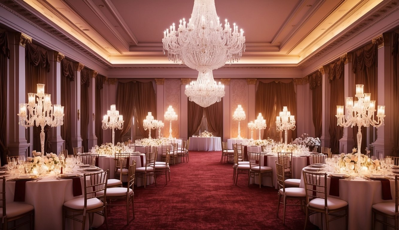 A grand ballroom adorned with elegant candelabras, casting a warm glow over the opulent wedding venue decor