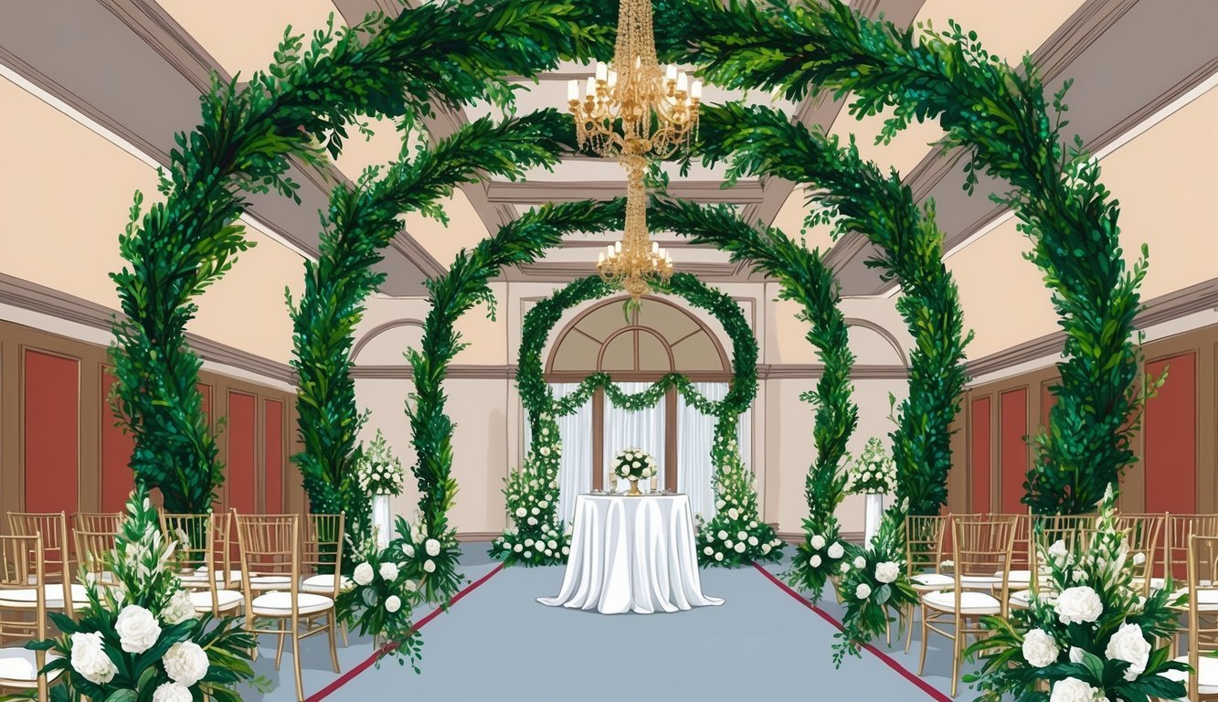 A wedding venue adorned with lush greenery garlands