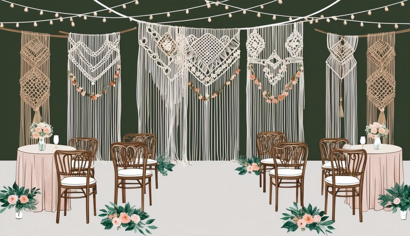 A wedding venue adorned with boho macrame backdrops, creating a whimsical and romantic atmosphere