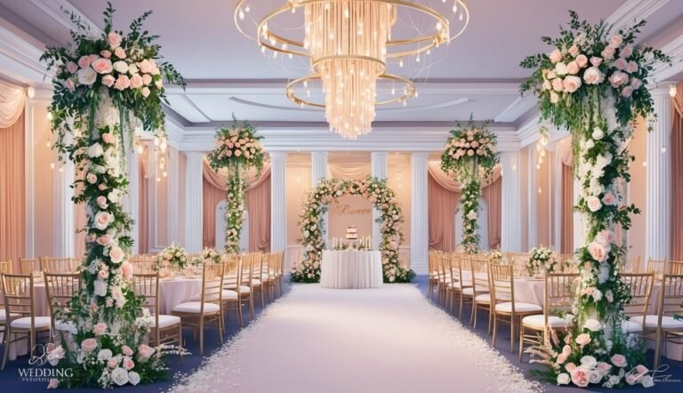 Elegant wedding reception hall with floral decorations and a chandelier