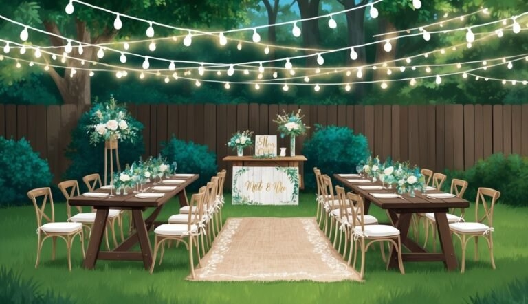 Outdoor wedding reception with tables, chairs, flowers, and string lights