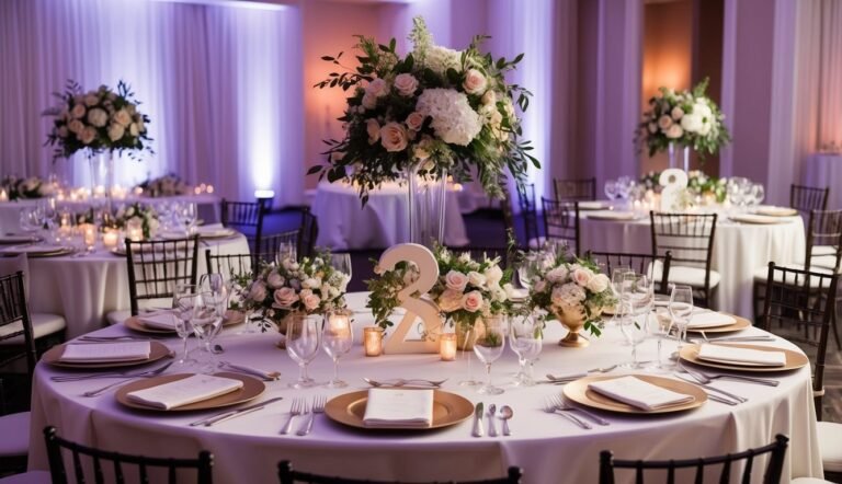 Elegant wedding reception tables with floral centerpieces and place settings