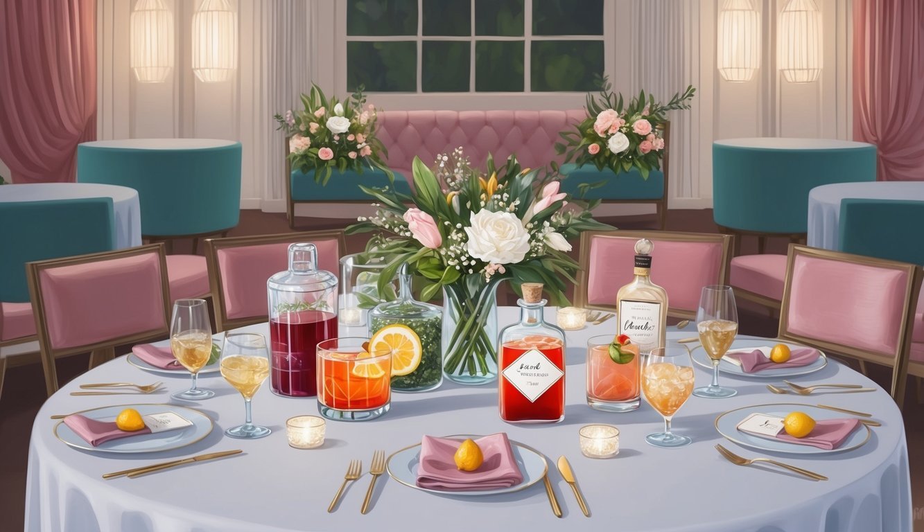 A table set with personalized cocktail ingredients and wedding decor, surrounded by intimate seating and soft lighting