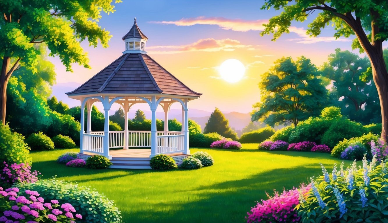 A picturesque outdoor setting with a beautiful gazebo, surrounded by lush greenery and colorful flowers.</p><p>The sun is setting, casting a warm glow over the scene