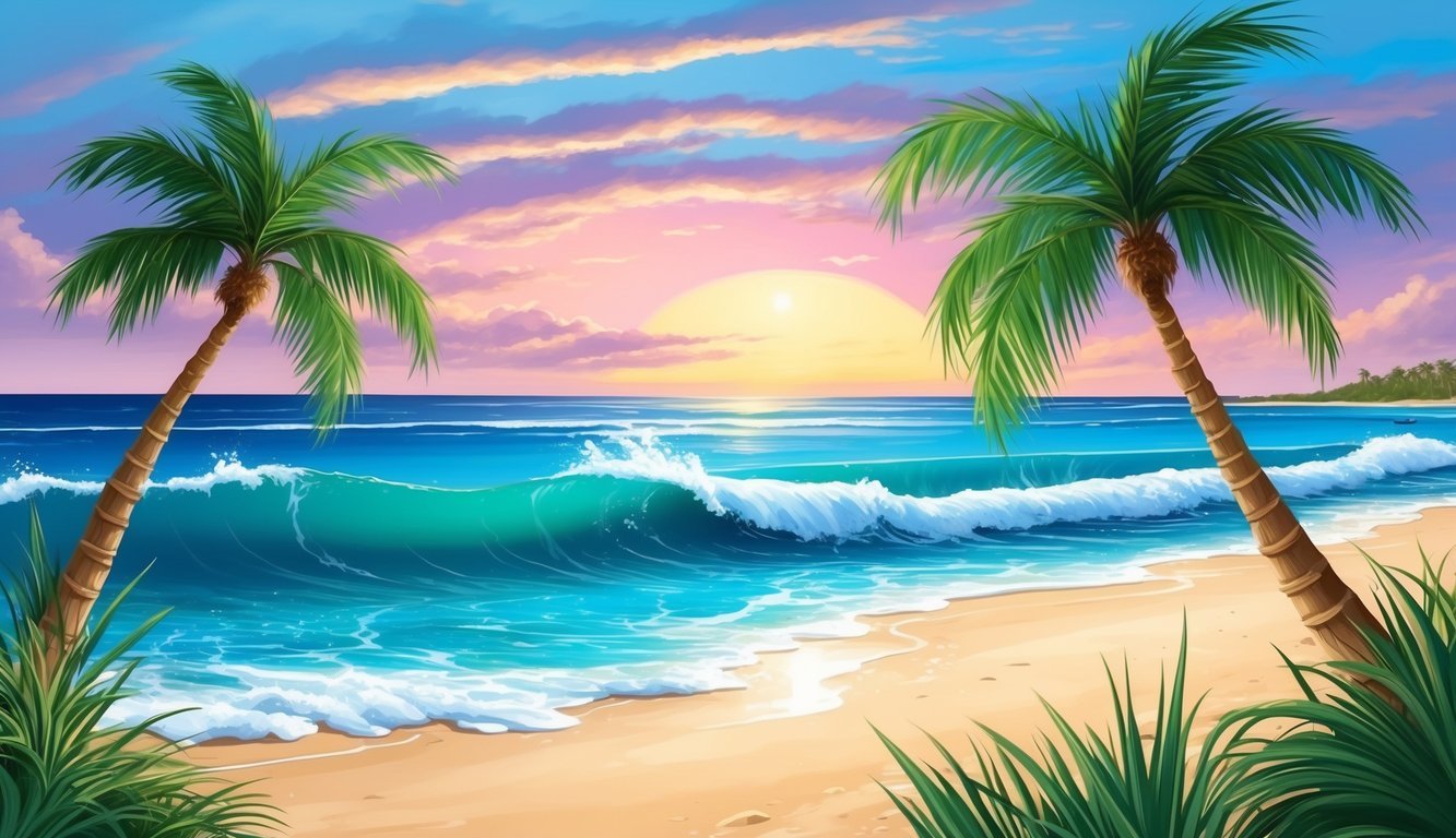 A picturesque beach with palm trees, crystal-clear water, and a colorful sunset.</p><p>A gentle breeze rustles through the air as the waves crash against the shore