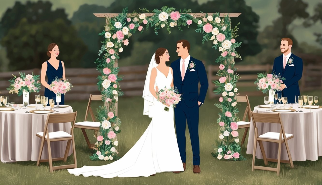 A bride and groom stand under a floral arch with matching bouquets and table decor in a rustic outdoor setting, surrounded by cohesive color schemes and coordinating details