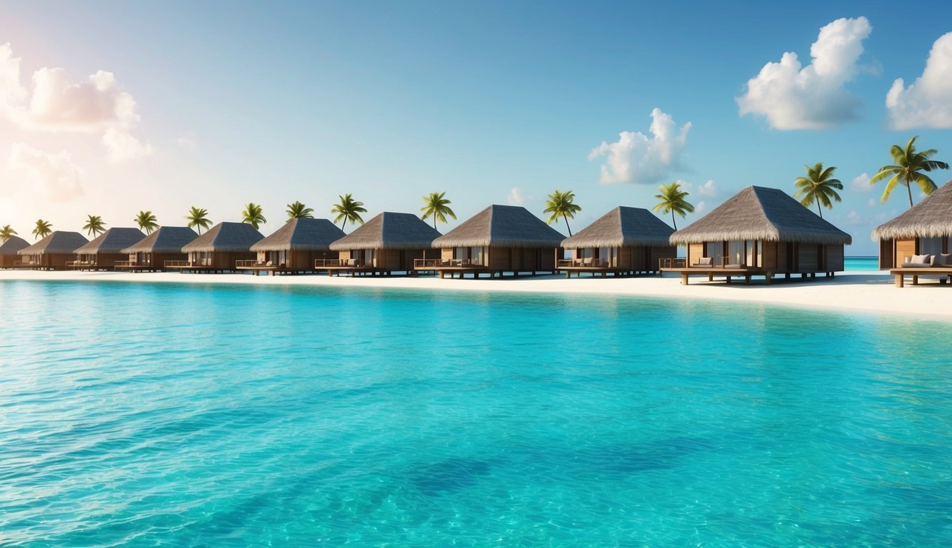 A serene, crystal-clear lagoon surrounds a row of luxurious overwater bungalows, perched on stilts above the turquoise water, with palm trees swaying in the gentle ocean breeze