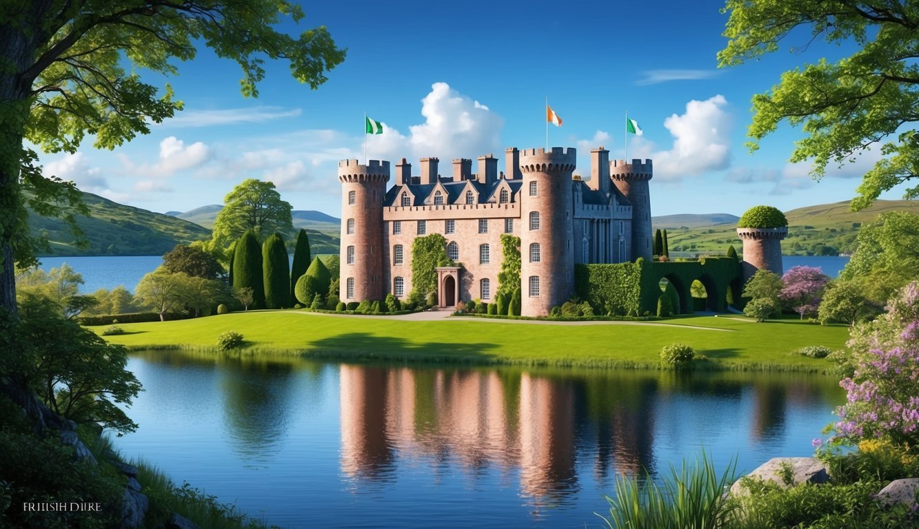 A picturesque Irish castle surrounded by lush greenery, overlooking a tranquil lake, with a clear blue sky above