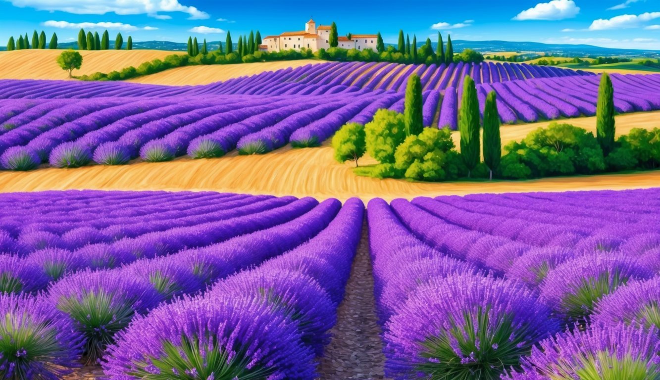 Rolling lavender fields in Provence, France.</p><p>A picturesque countryside with vibrant purple flowers and a clear blue sky