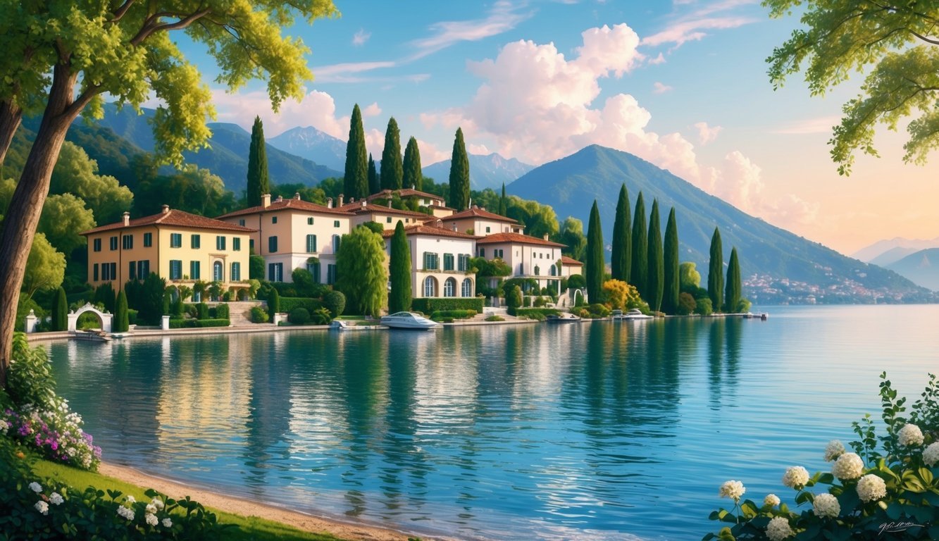 A picturesque scene of Lake Como with elegant villas nestled along the shoreline, surrounded by lush greenery and the tranquil waters of the lake