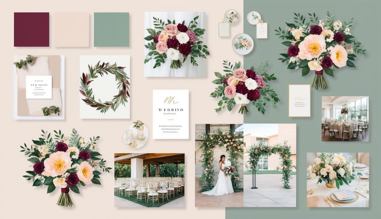 A mood board with color swatches, floral arrangements, venue photos, and wedding decor samples arranged in a cohesive and visually appealing layout