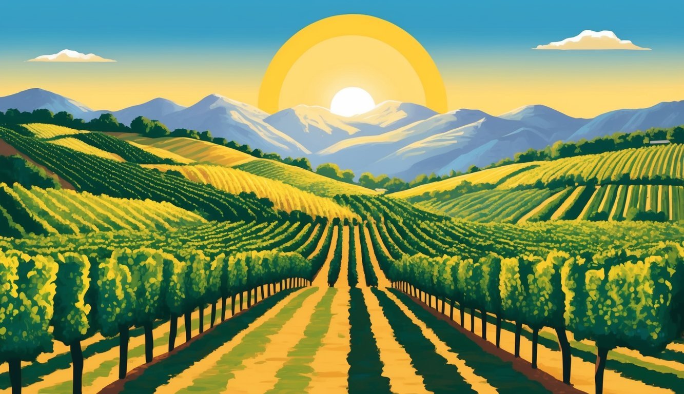 Rolling hills of Napa Valley vineyards under the warm California sun, with a picturesque backdrop of mountains and a clear blue sky