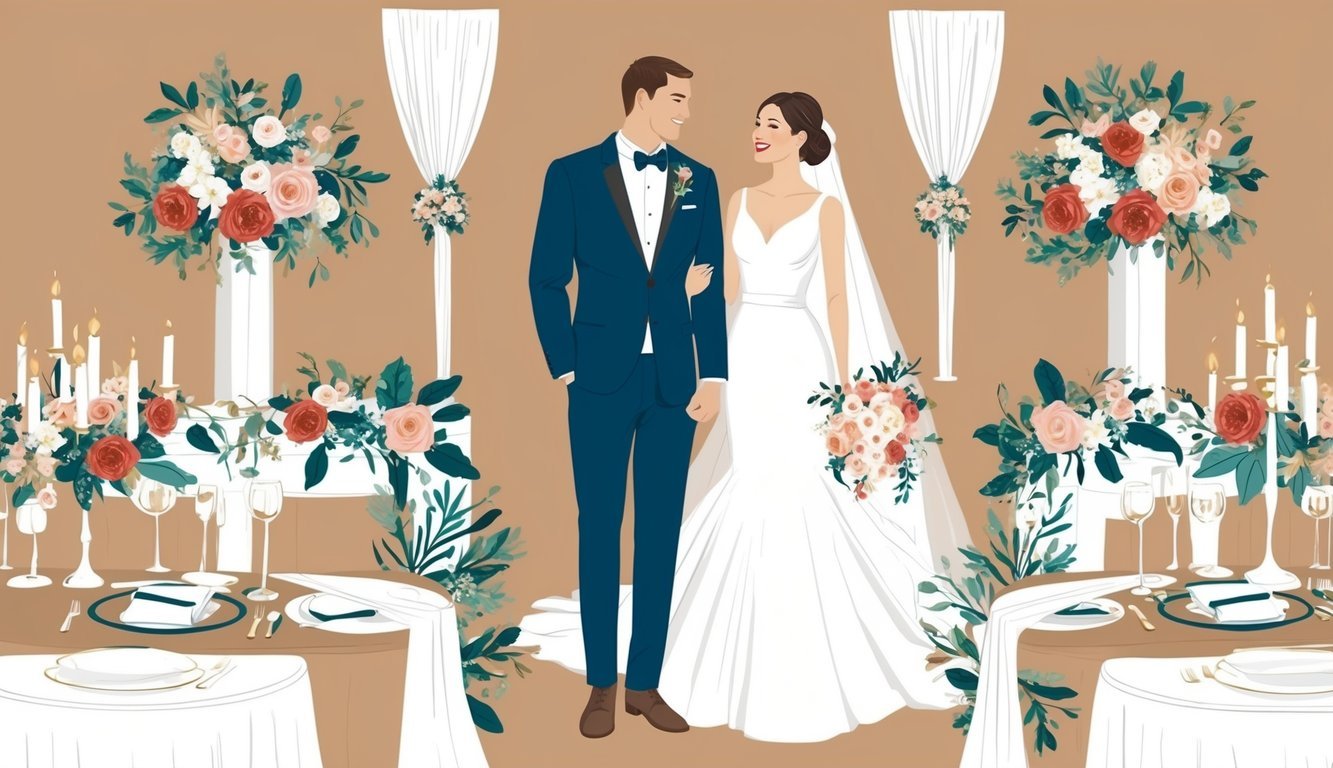 A bride and groom stand surrounded by coordinating wedding decor, from the floral arrangements to the table settings, all reflecting the cohesive theme