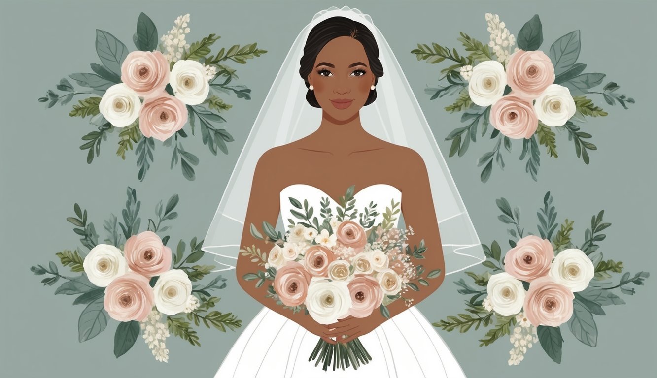 A bride holding a bouquet of flowers in shades of blush, ivory, and sage, surrounded by coordinating floral arrangements and decor