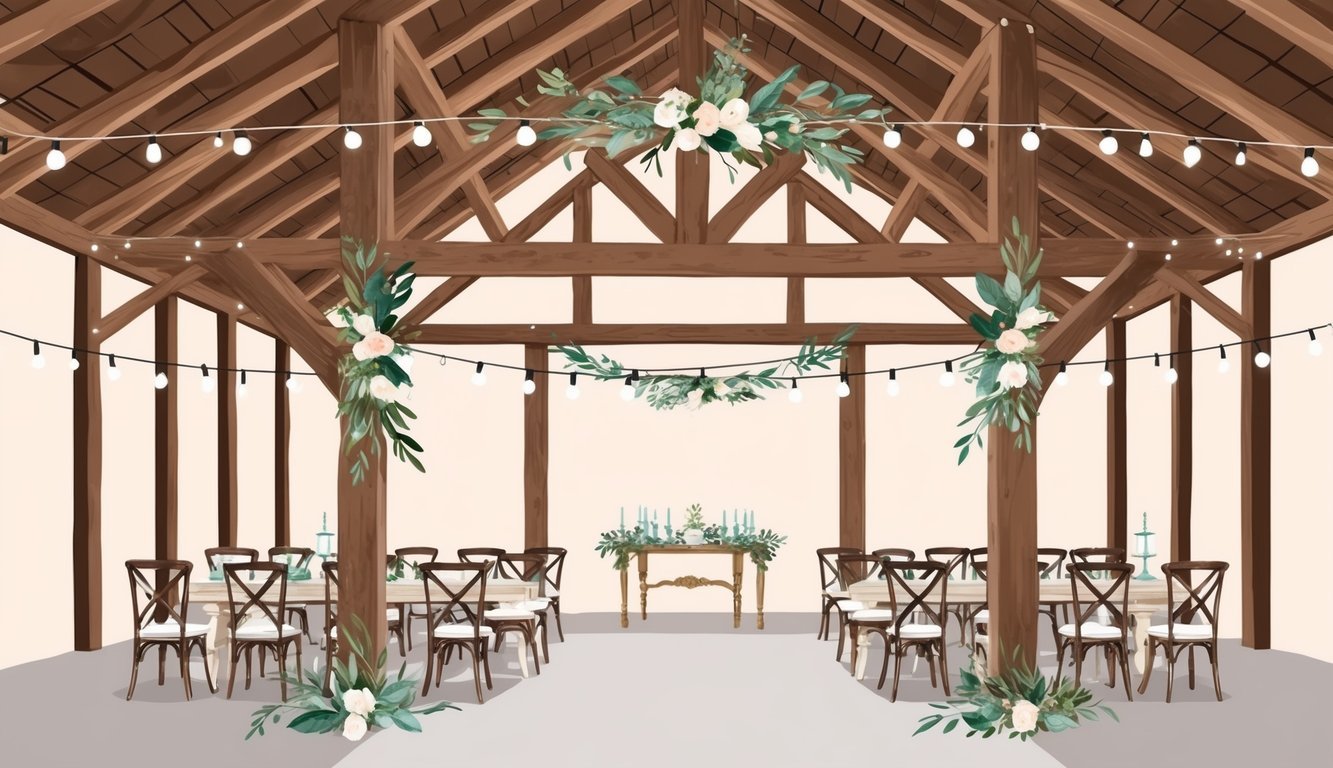 A rustic barn venue with wooden beams, string lights, and vintage furniture.</p><p>A color palette of soft pastels and natural greenery accents the space