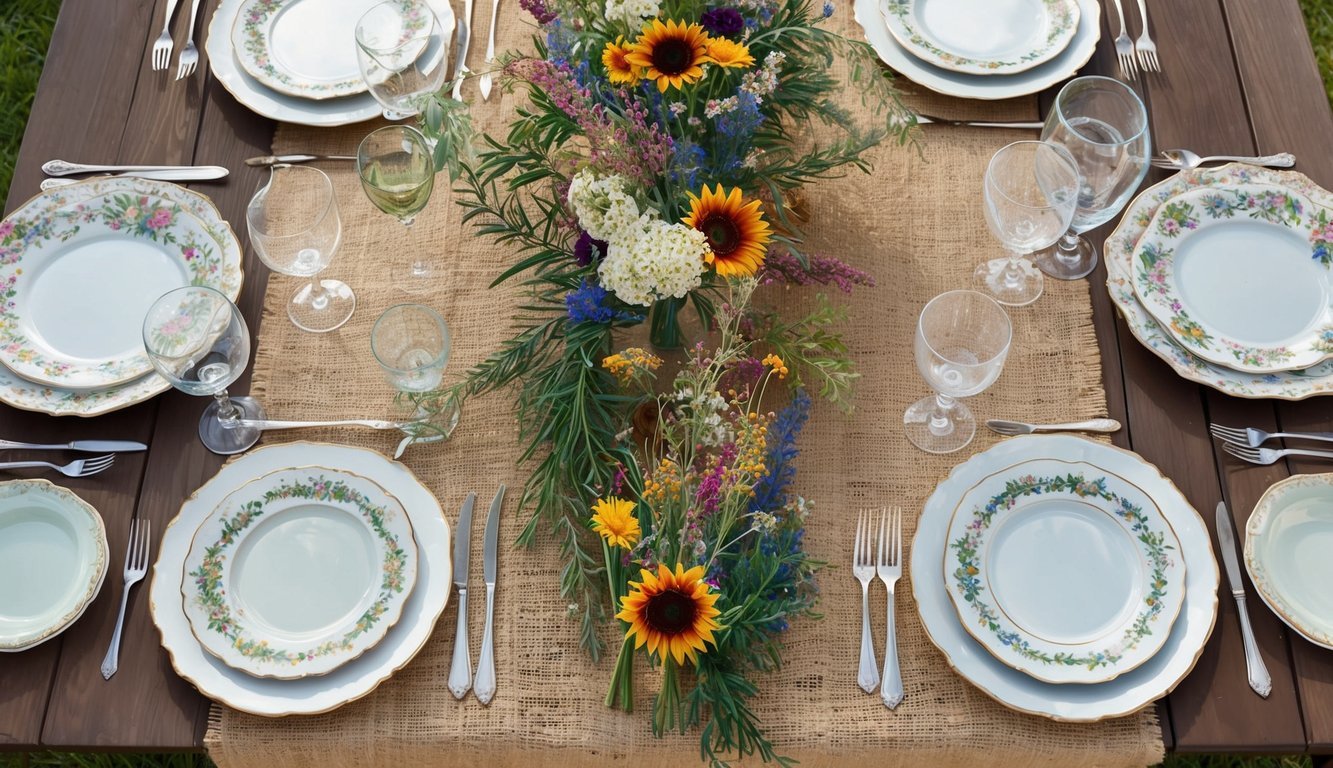 A rustic outdoor wedding table with burlap runners, wildflower centerpieces, and vintage china