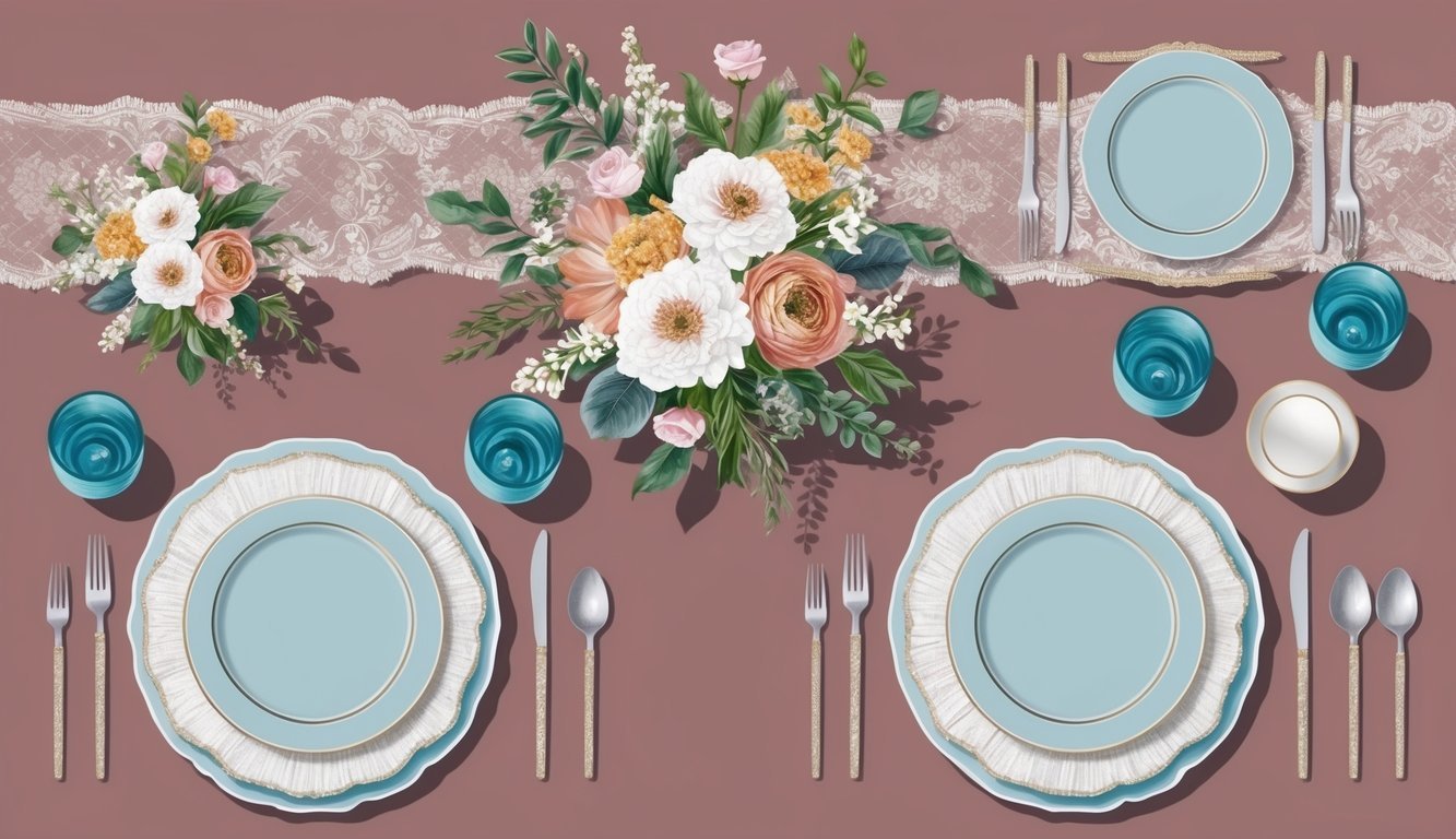 A table set with floral centerpieces, elegant linens, and coordinating place settings in a harmonious color palette, accented with textured elements like velvet ribbons and lace overlays