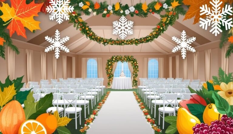 Wedding venue decorated with snowflakes, flowers, and fruit, with a cake
