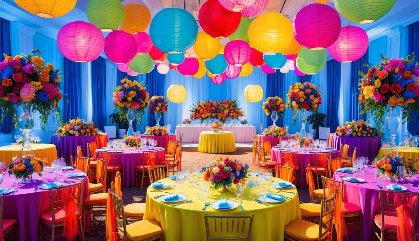 A vibrant wedding reception with colorful floral centerpieces, bright table linens, and colorful paper lanterns hanging from the ceiling