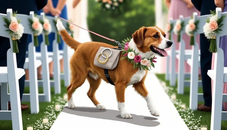 Dog ring bearer at a wedding, wearing flowers and carrying rings