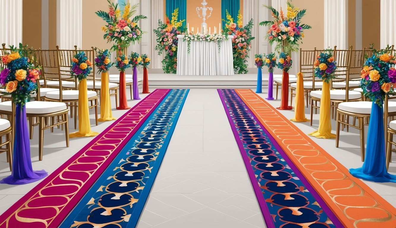 Vibrant aisle runners in various colors and patterns leading towards an elegant wedding altar adorned with colorful floral arrangements and decorative accents