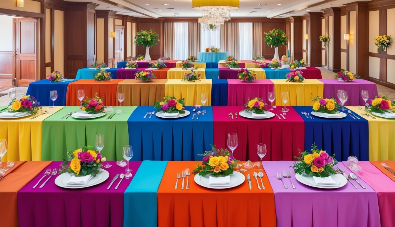 Vibrant table linens in various bold colors arranged on a wedding reception table, creating a lively and festive atmosphere